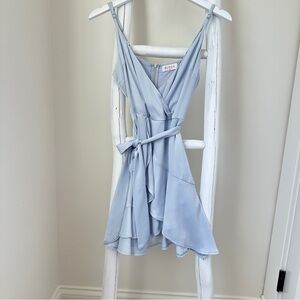 Rumor Light Blue Belted Flared Ruffle Bottom Mini Dress SZ Small
